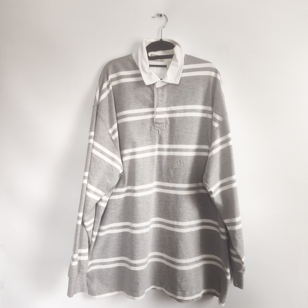 Vintage LL Bean Rugby Shirt XXL Tall Gray Striped Long Sleeve Cotton Blend Mens‎